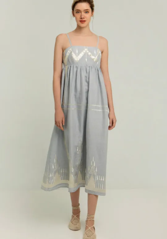 Greek Archaic Kori Roots Strappy Midi Dress Grey New