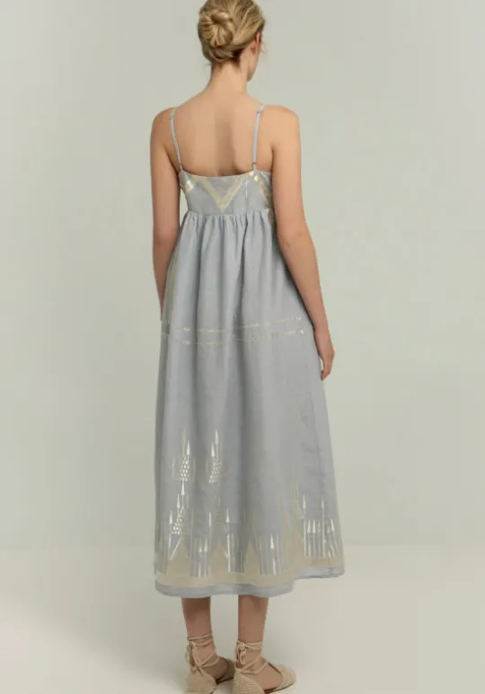 Greek Archaic Kori Roots Strappy Midi Dress Grey New