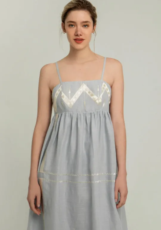 Greek Archaic Kori Roots Strappy Midi Dress Grey New