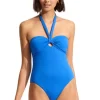 Seafolly Sash Halter Swimsuit Blue Discount