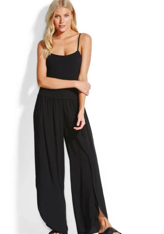Seafolly Shirred Waist Wrap Pants Black Clearance