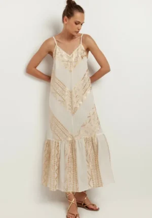 Greek Archaic Kori Strappy Embroidered Maxi Dress Natural Outlet