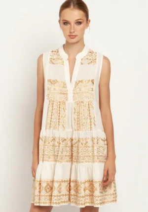 Greek Archaic Kori Triangle Embroidered Sleeveless Dress Natural Fashion