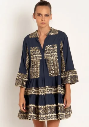 Greek Archaic Kori Triangle Long Sleeves Mini Dress Navy Discount