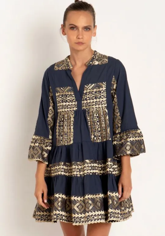 Greek Archaic Kori Triangle Long Sleeves Mini Dress Navy Discount