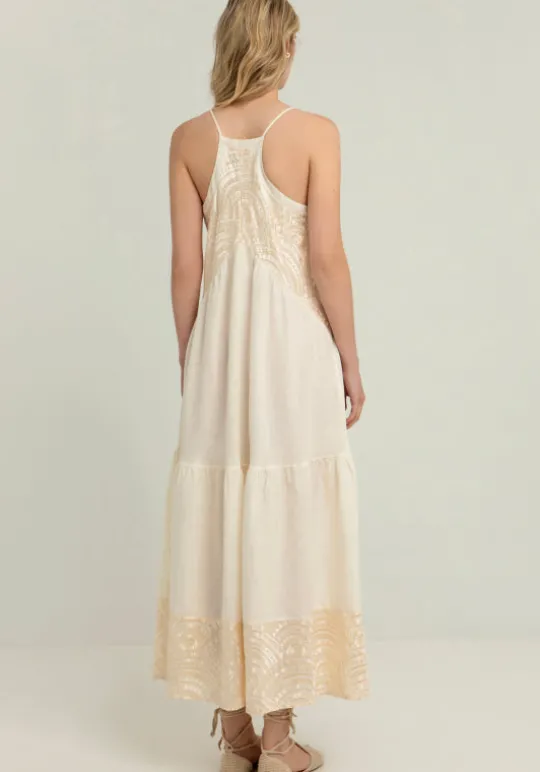 Greek Archaic Kori Triangle Strappy Maxi Dress Natural White/Gold Discount