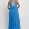Greek Archaic Kori Triangle V Neck Maxi Dress Blue Best