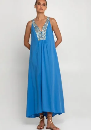 Greek Archaic Kori Triangle V Neck Maxi Dress Blue Best