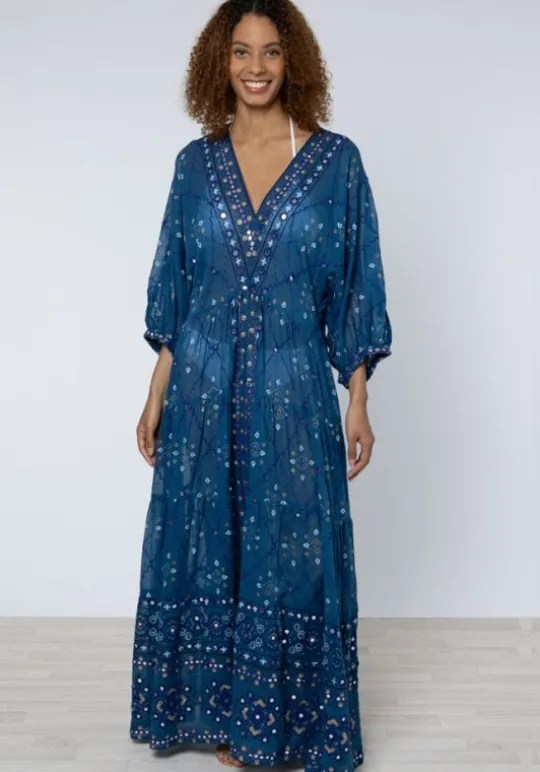 Juliet Dunn V Neck Loose Dress Mosaic Peacock Best