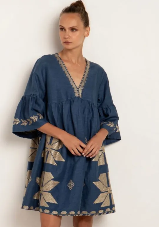 Greek Archaic Kori Windmill Mini Dress Indigo Clearance